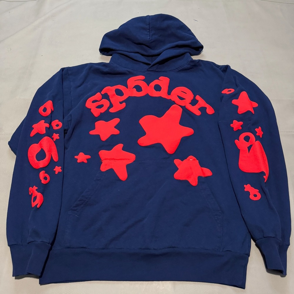 Sp5der Beluga Puff Print Hoodie Navy Star Men-M Streetwear Y2K Skate-7102